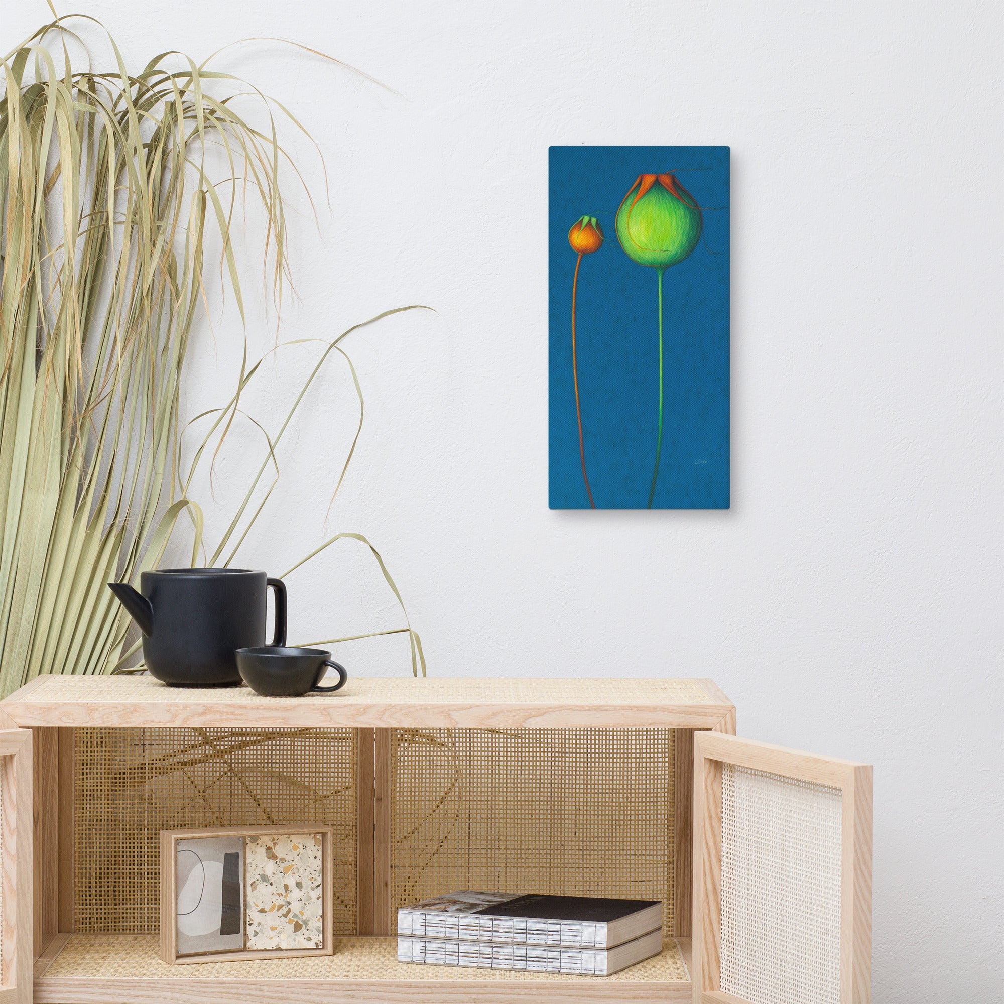Decorative shelf with a teapot, cup, and framed picture, featuring a colorful abstract painting on the wall. Contemporary poppy botanical print, bold summer floral artwork
