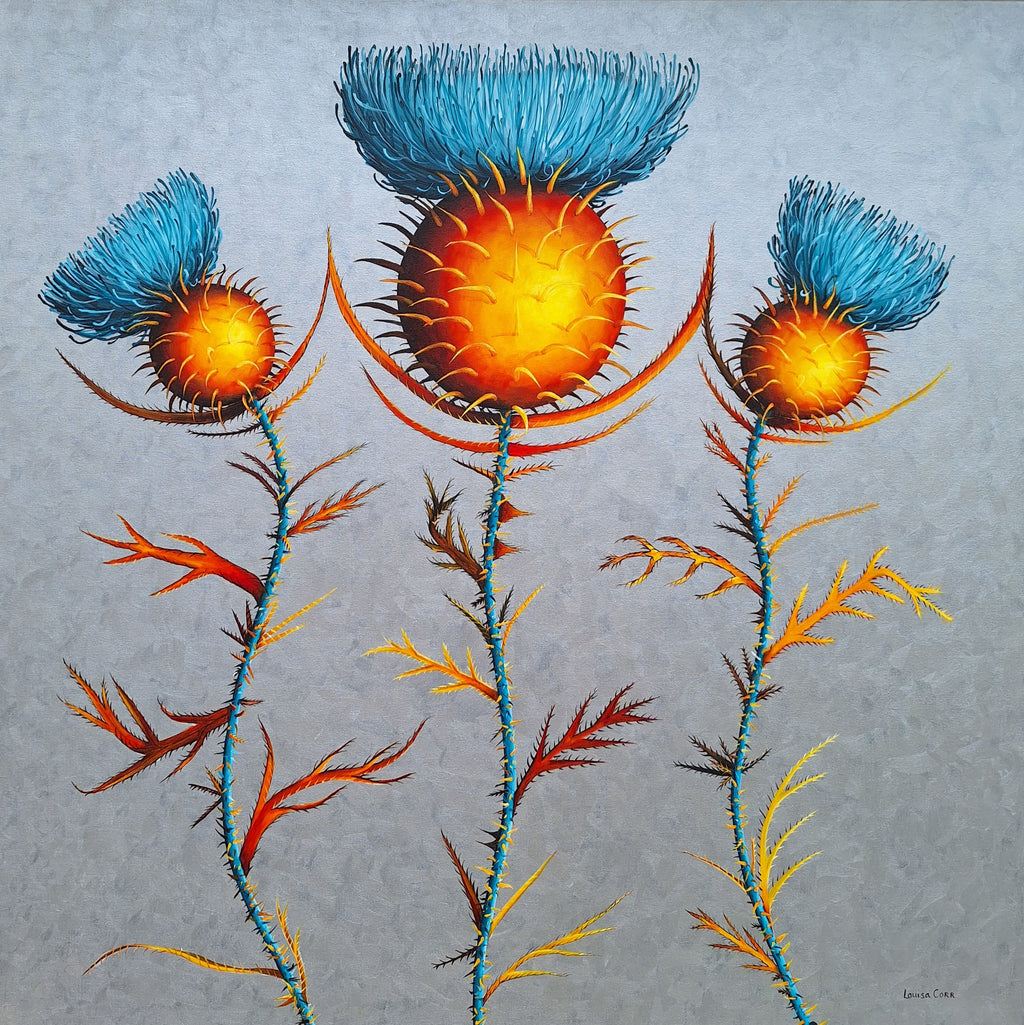 Artistic depiction of thistle flowers with blue and orange colors on a textured gray background.